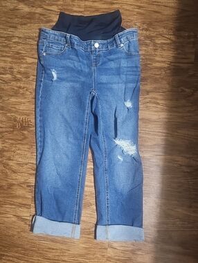 Time and Tru Blue Distressed Boyfriend Maternity Jeans with Black Waistband